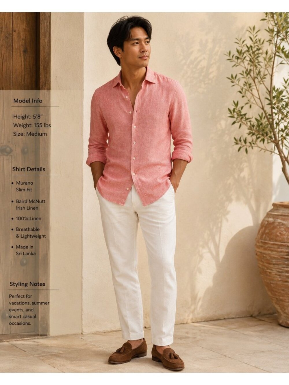 Murano Slim Fit Baird McNutt 100% Linen Coral Pink Button Front Shirt Men’s Medi